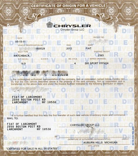 vehicle dating certificate